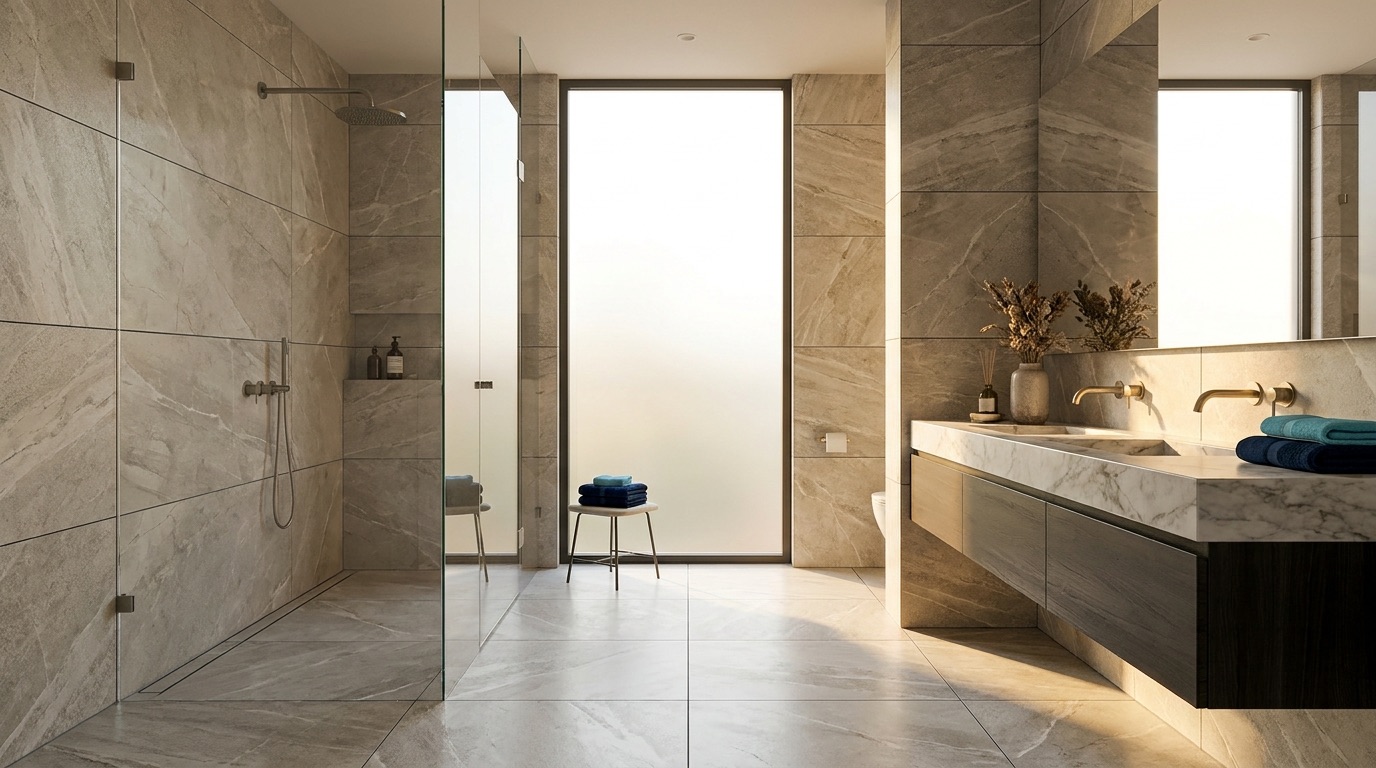A bathroom tiled floor to ceiling in pale stone-look porcelain with a walk-in shower