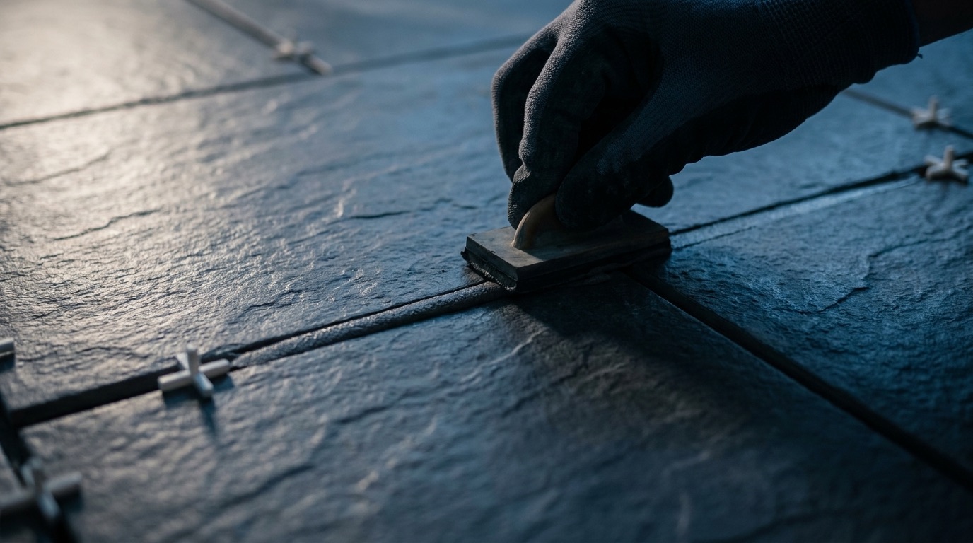 A gloved hand pressing grout into the joint between two dark slate-look tiles