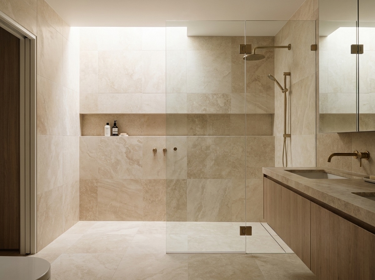 A bathroom lined in pale travertine-look tiles with a recessed shelf and walk-in shower