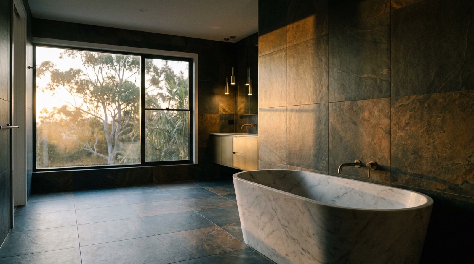 A dark stone-tiled bathroom with a freestanding bath beside a window looking onto gum trees