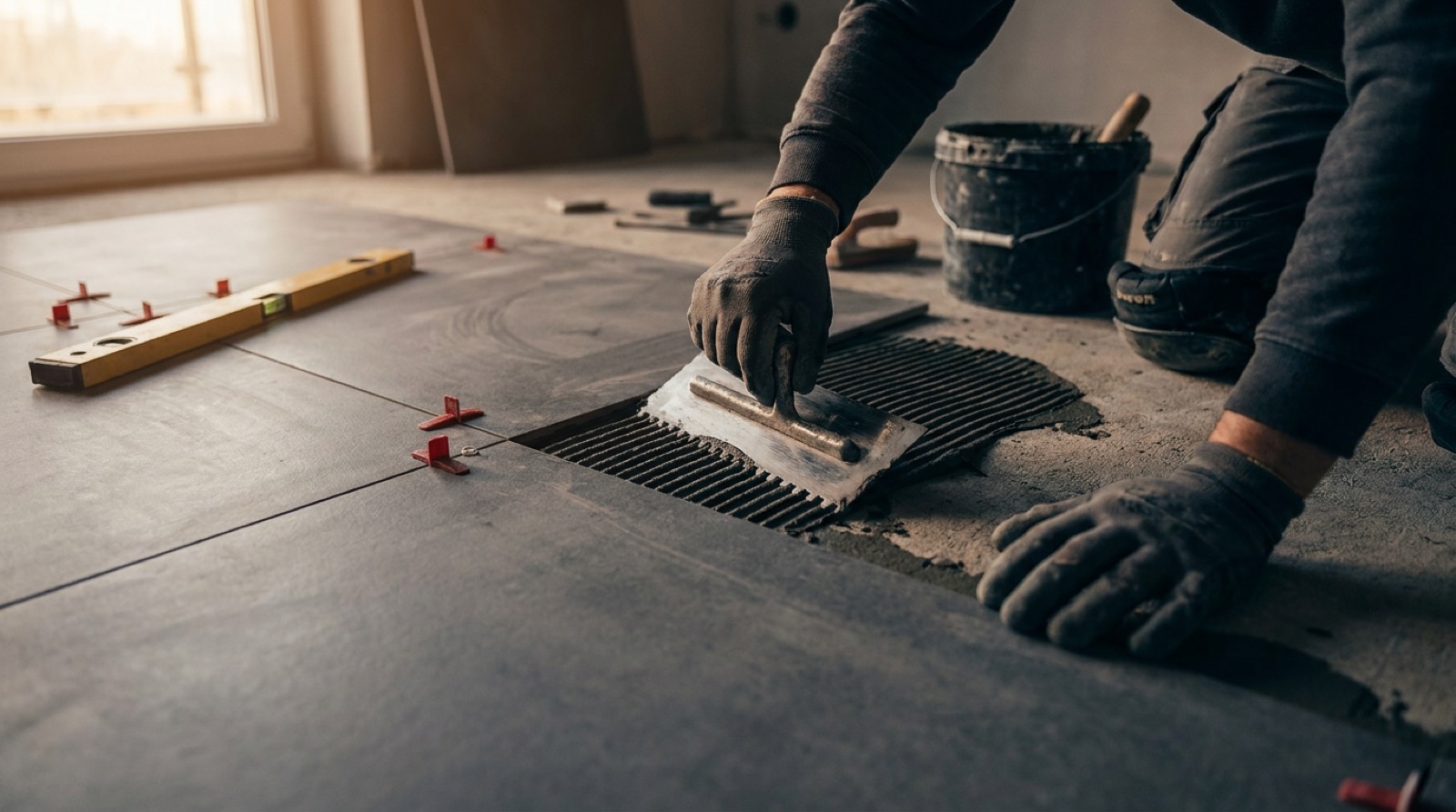A gloved hand spreading adhesive with a notched trowel before a floor tile is set