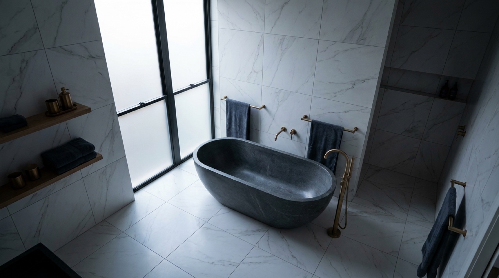 A marble-tiled bathroom with a dark freestanding bath beside a tall window