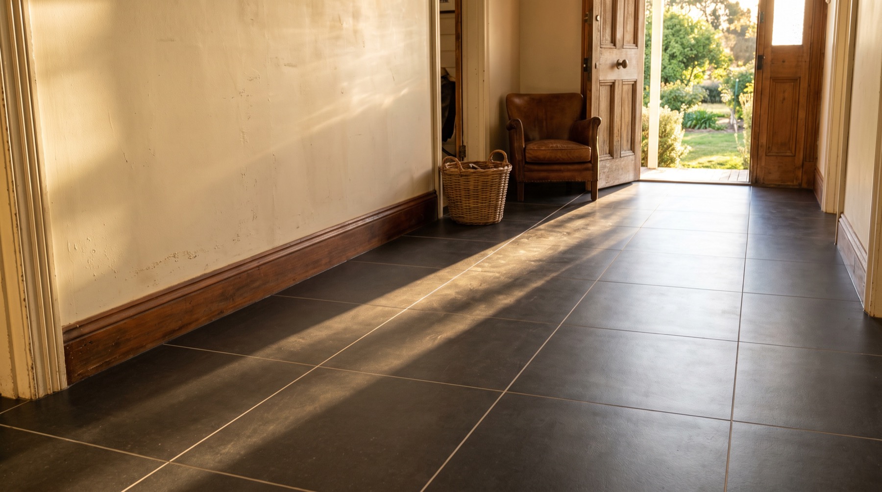 A dark tiled floor in a hallway with light falling across it from an open door